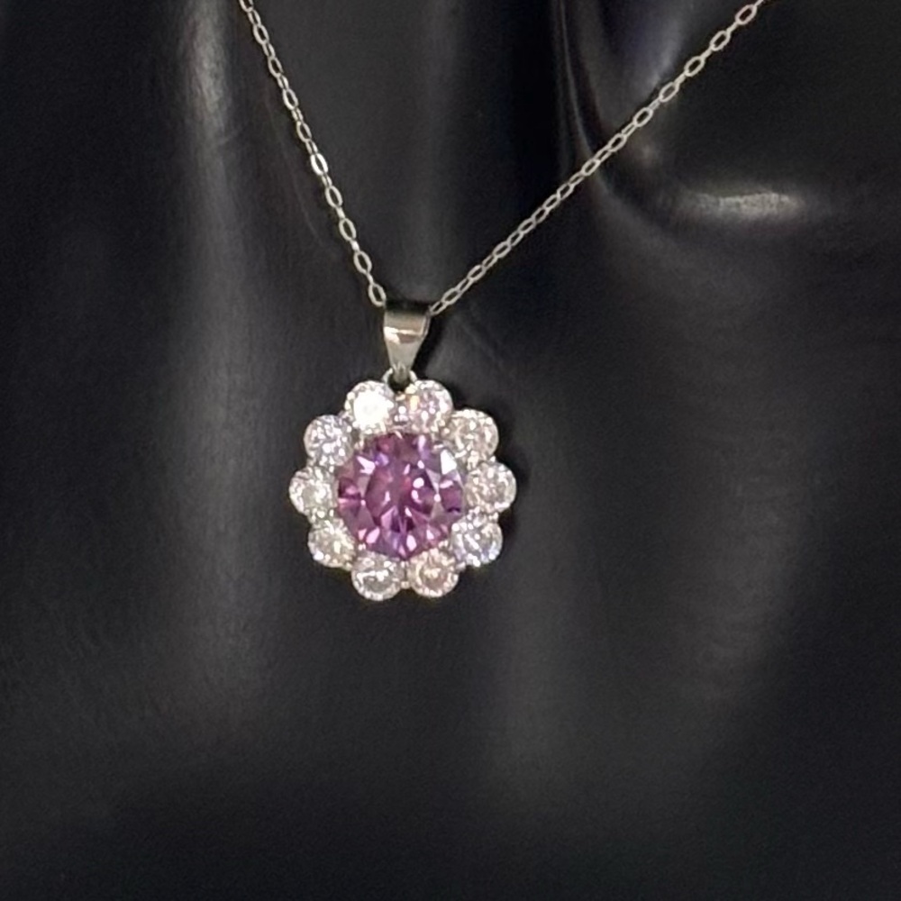 Moissanite 3ct Purple Sterling Silver Flower Necklace